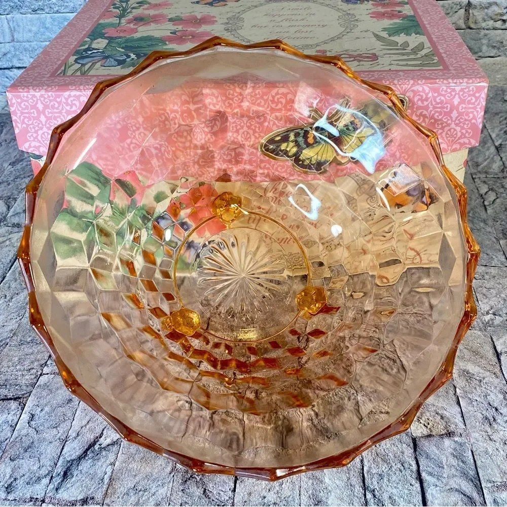 Vintage Large Pink Depression Glass Footed Bowl Cubed Pattern Salad Bowl